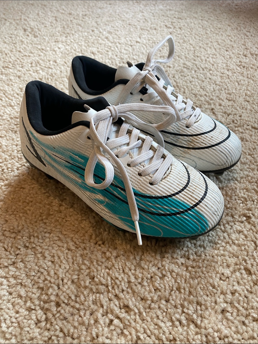 Kids White and Teal Soccer Cleats